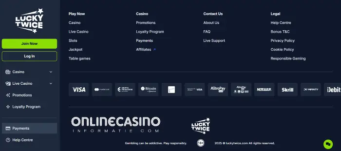 Screenshot of Luckytwice casino website interface showing game lobby and navigation